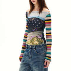 2010's Aesthetic Stripe Sleeve Mesh Top