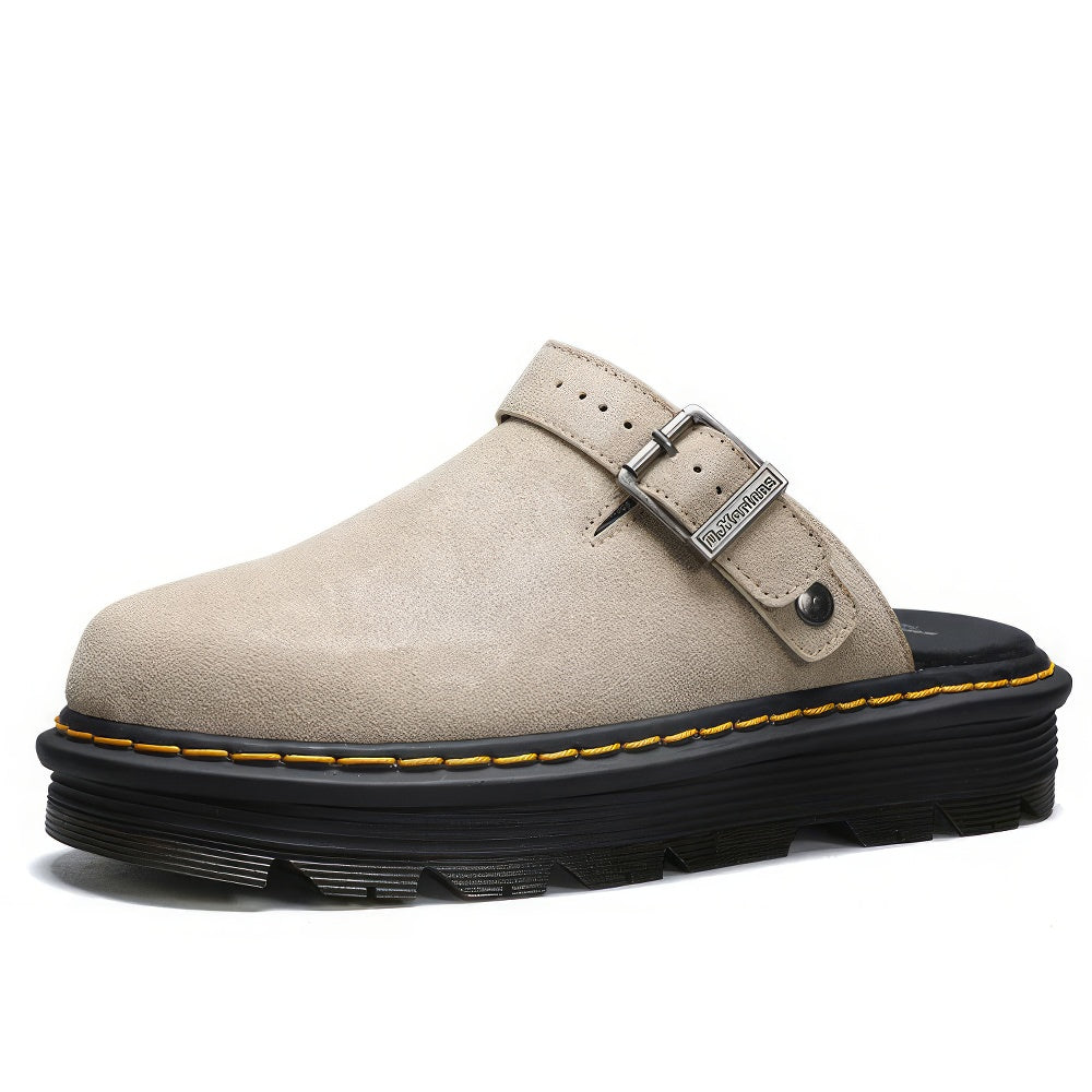 Buckle Strap Suede Platform Mules