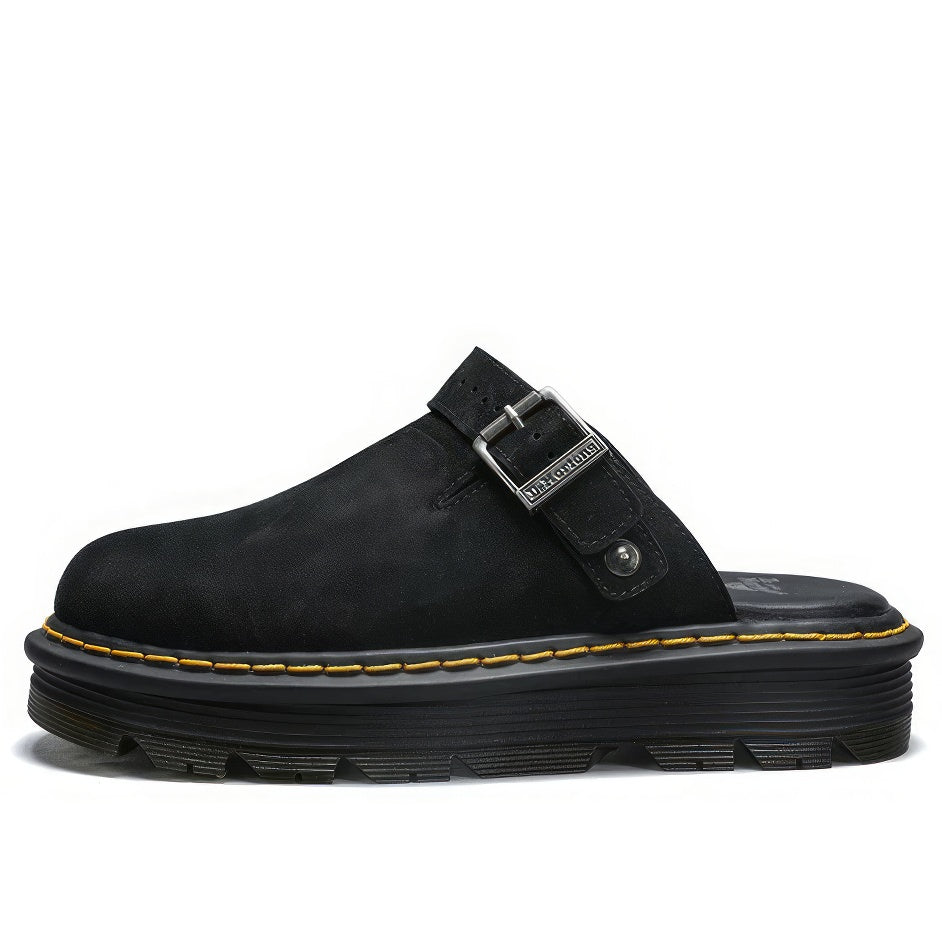 Buckle Strap Suede Platform Mules
