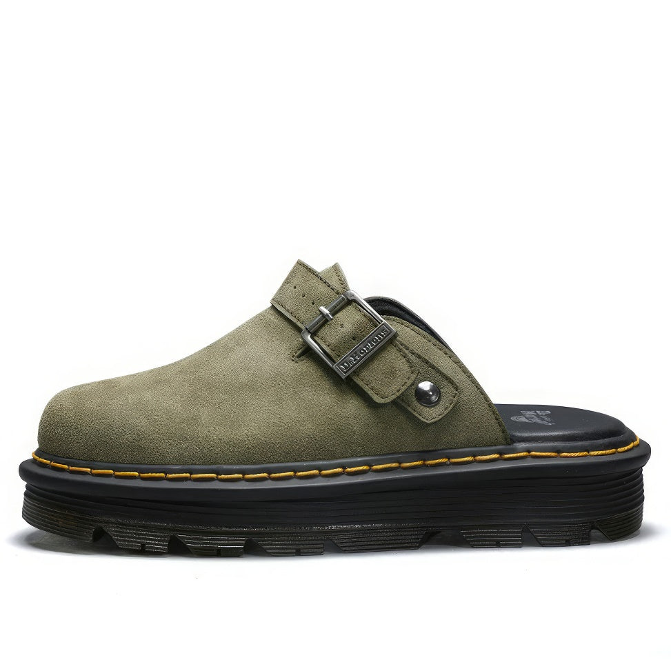Buckle Strap Suede Platform Mules