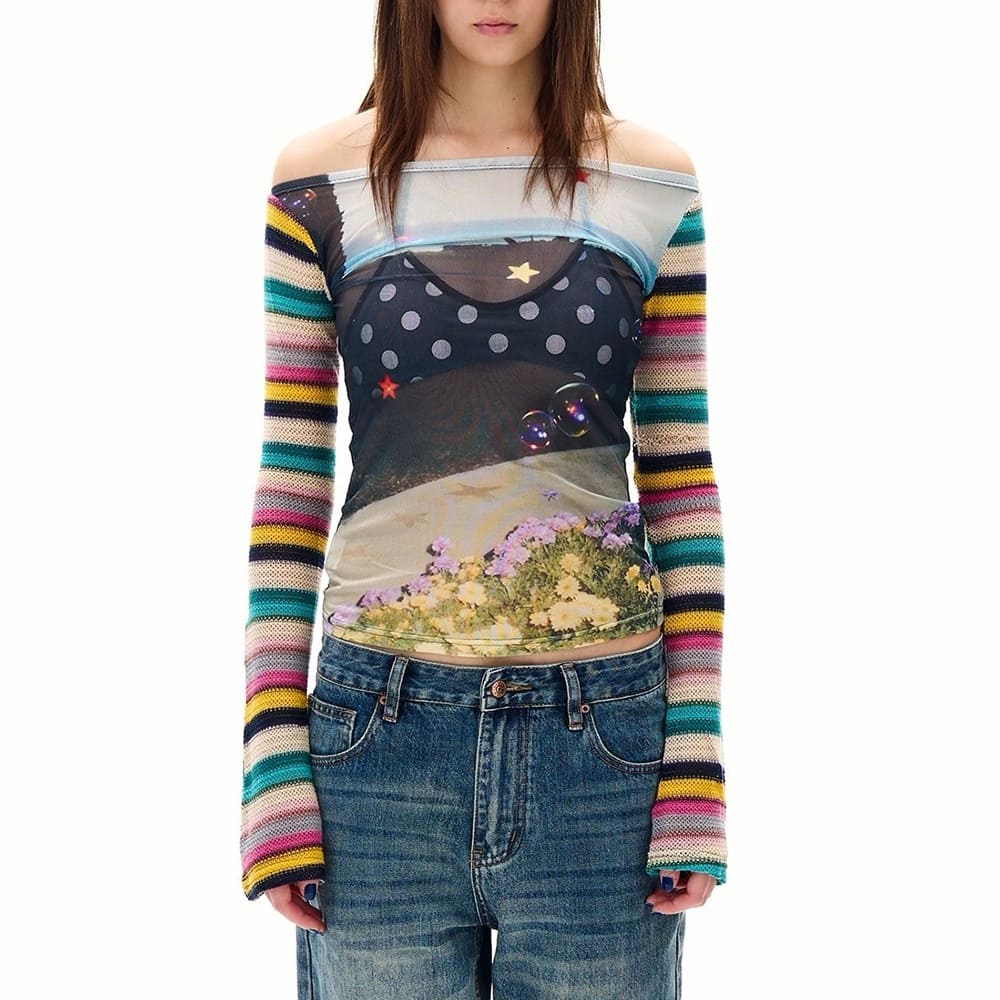 2010's Aesthetic Stripe Sleeve Mesh Top