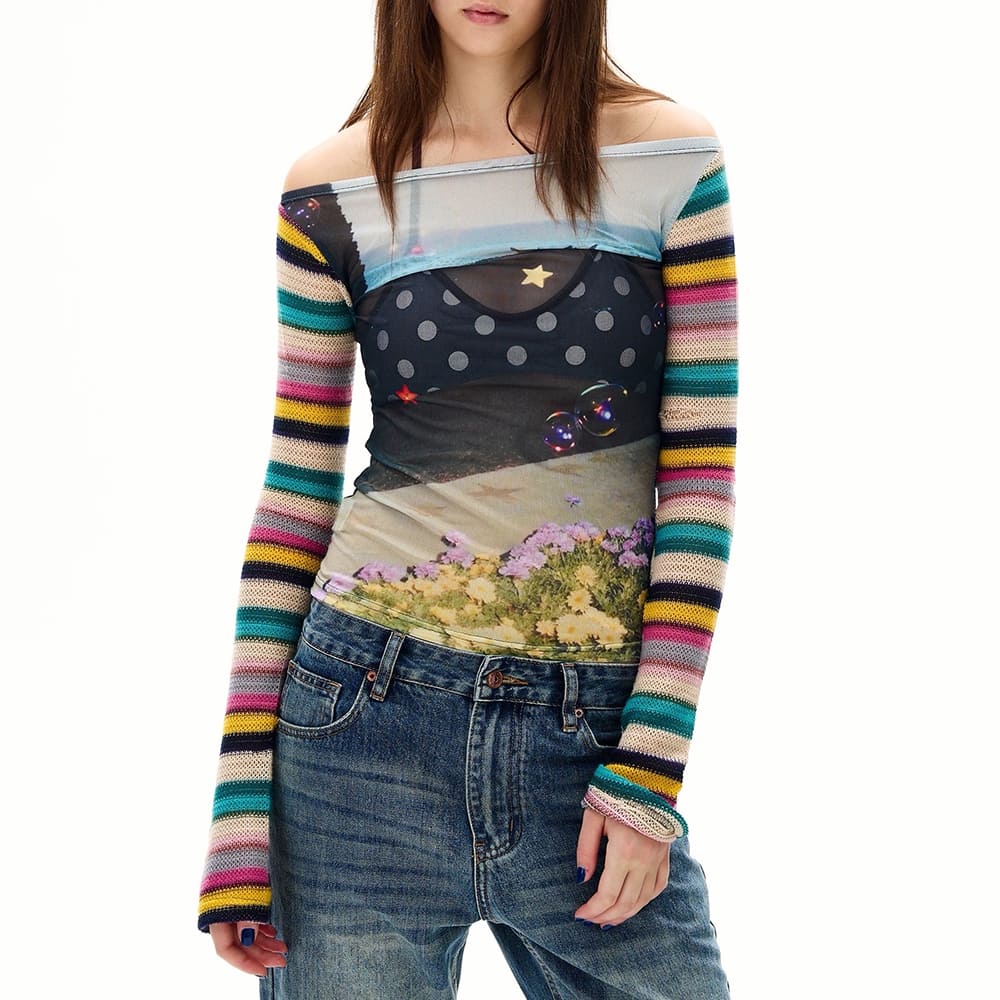 2010's Aesthetic Stripe Sleeve Mesh Top