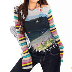 2010's Aesthetic Stripe Sleeve Mesh Top