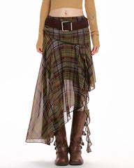 Asymmetrical Plaid Midi Skirt