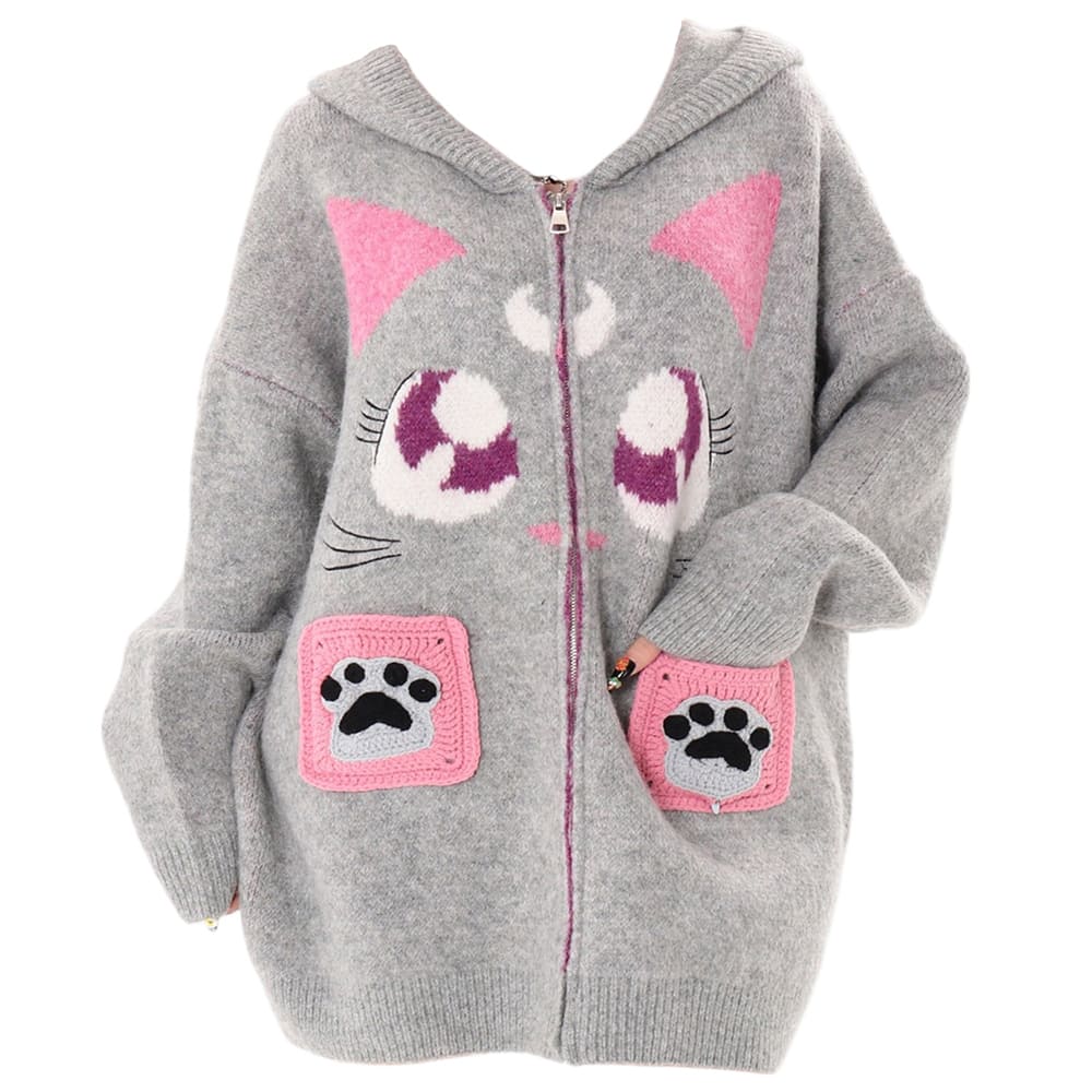 Black Cat Knit Zip Up Hoodie