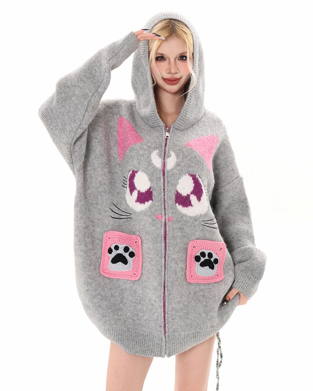 Black Cat Knit Zip Up Hoodie