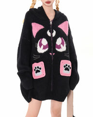 Black Cat Knit Zip Up Hoodie