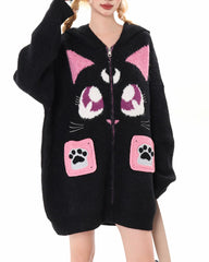 Black Cat Knit Zip Up Hoodie