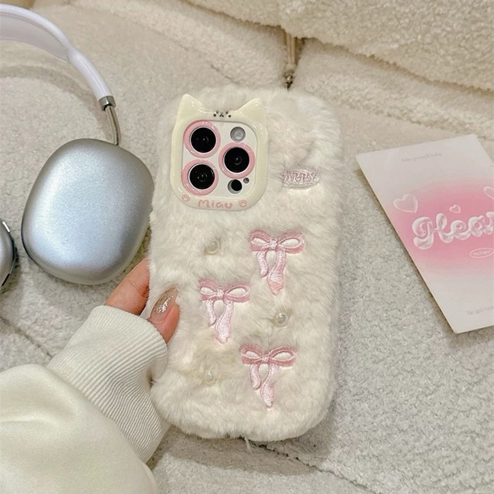 Bow Embroidery Fluffy iPhone Case
