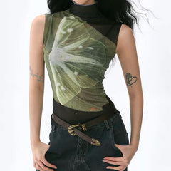 Butterfly Print Mesh Turtleneck Top