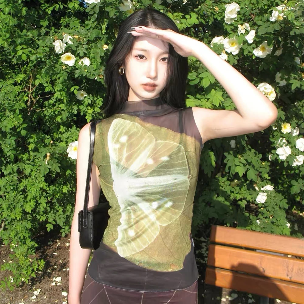 Butterfly Print Mesh Turtleneck Top