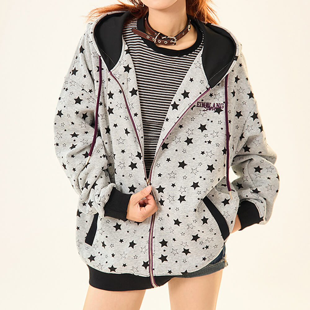 2010's Grey Star Print Zip Up Hoodie