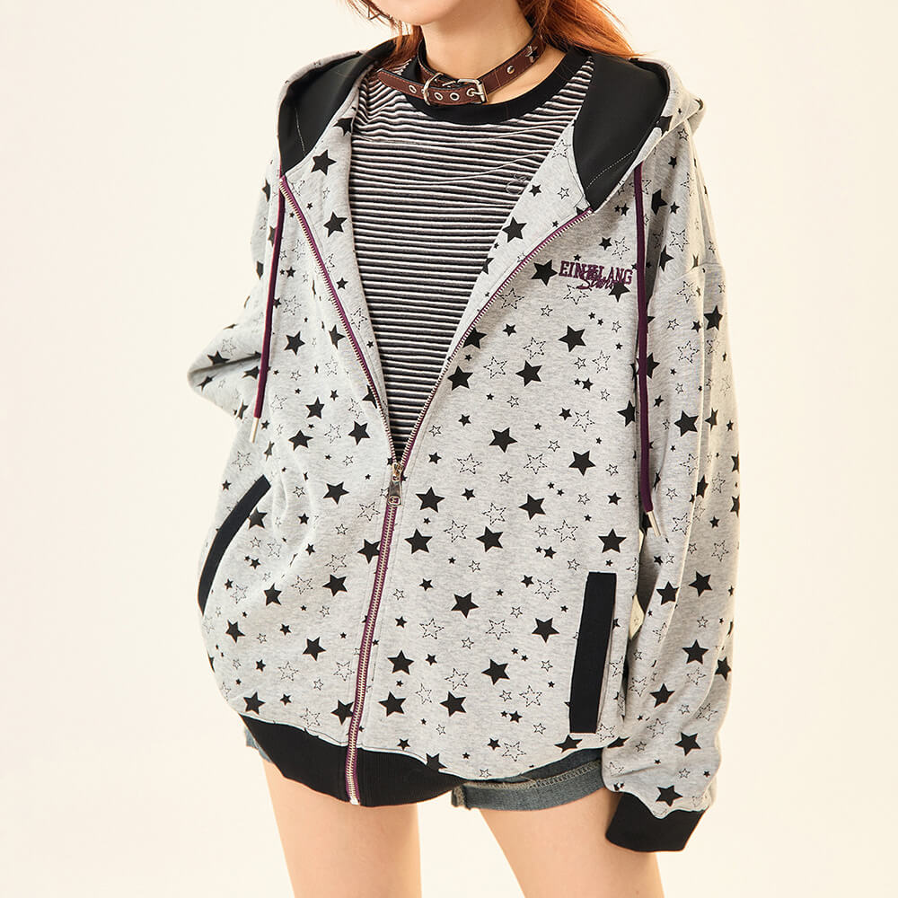 2010's Grey Star Print Zip Up Hoodie
